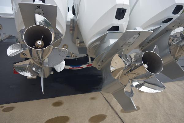 Slide: The Image of Close-up of 2024 Yellowfin 42 boat propellers. - 8