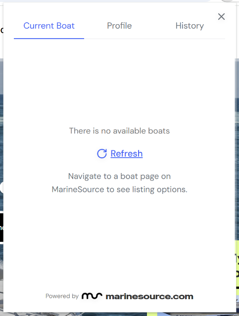 The Reach Tool popup showing the Current Boat, Profile and History tabs with the message “There is no available boats”