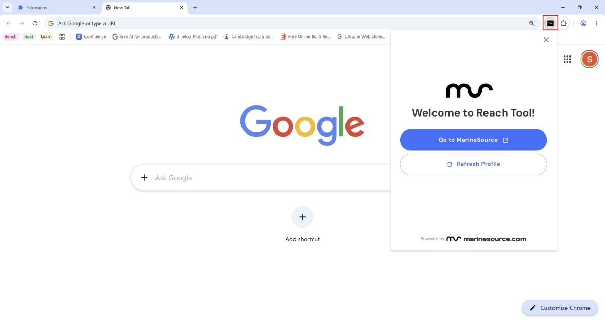The pinned MarineSource icon in the Chrome toolbar, just left of the puzzle-piece icon, with the Reach Tool popup open below it