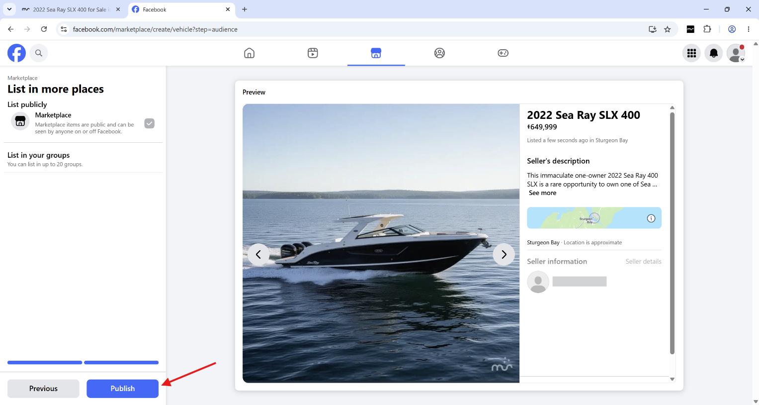 A filled-in Facebook Marketplace listing for a 2022 Sea Ray SLX 400 at $649,999, waiting on the Publish button