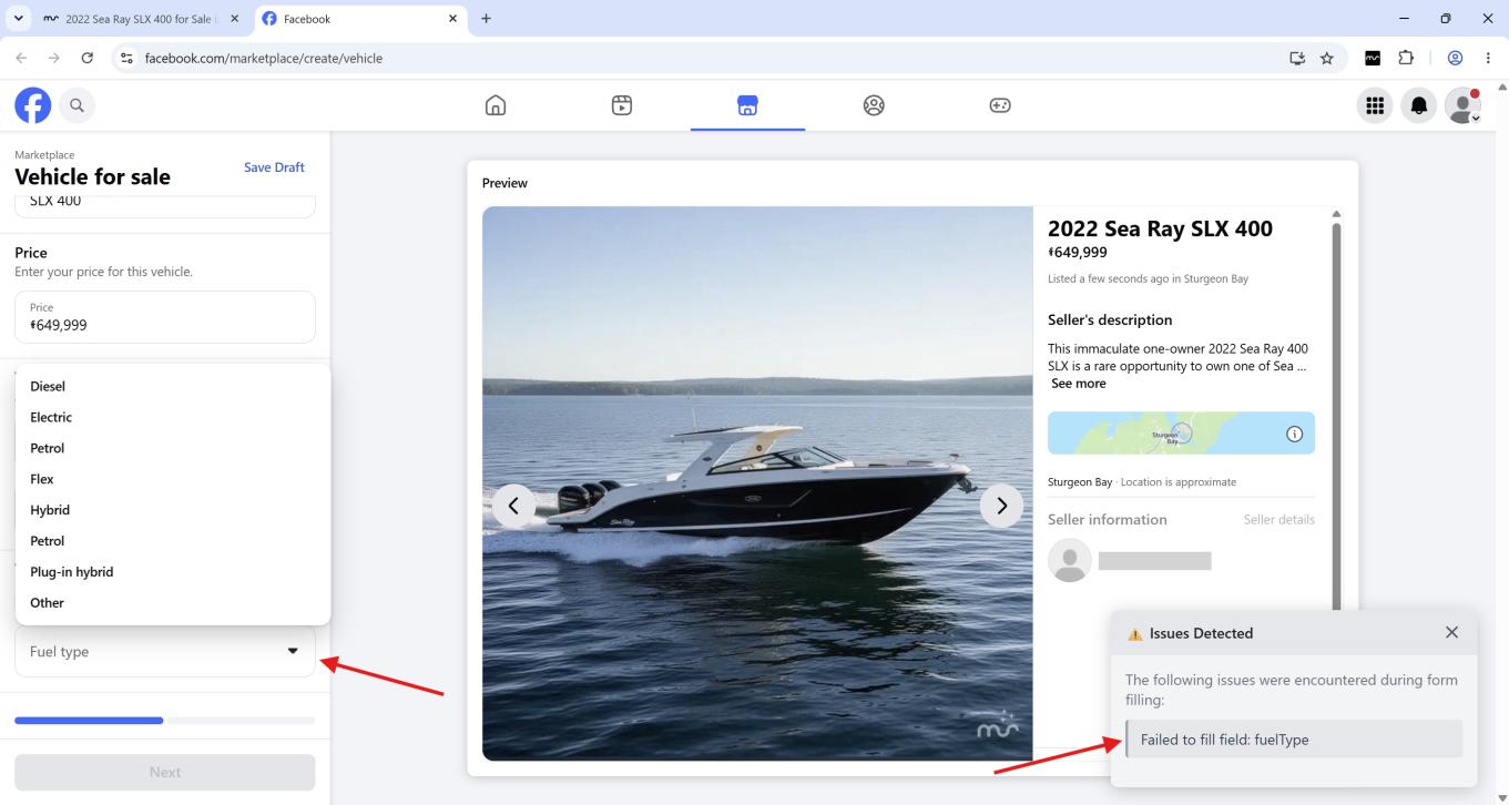 An Issues Detected panel reading “Failed to fill field: fuelType” beside Facebook’s open fuel type dropdown