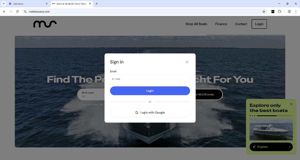 The MarineSource sign-in panel over marinesource.com, with an email field, a Login button and Login with Google