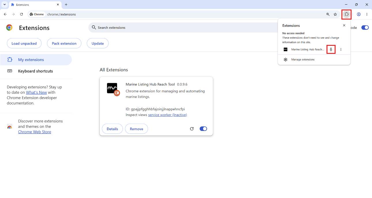 The Chrome extensions menu with the MarineSource Listing Hub Reach Tool listed and its pin icon highlighted in red