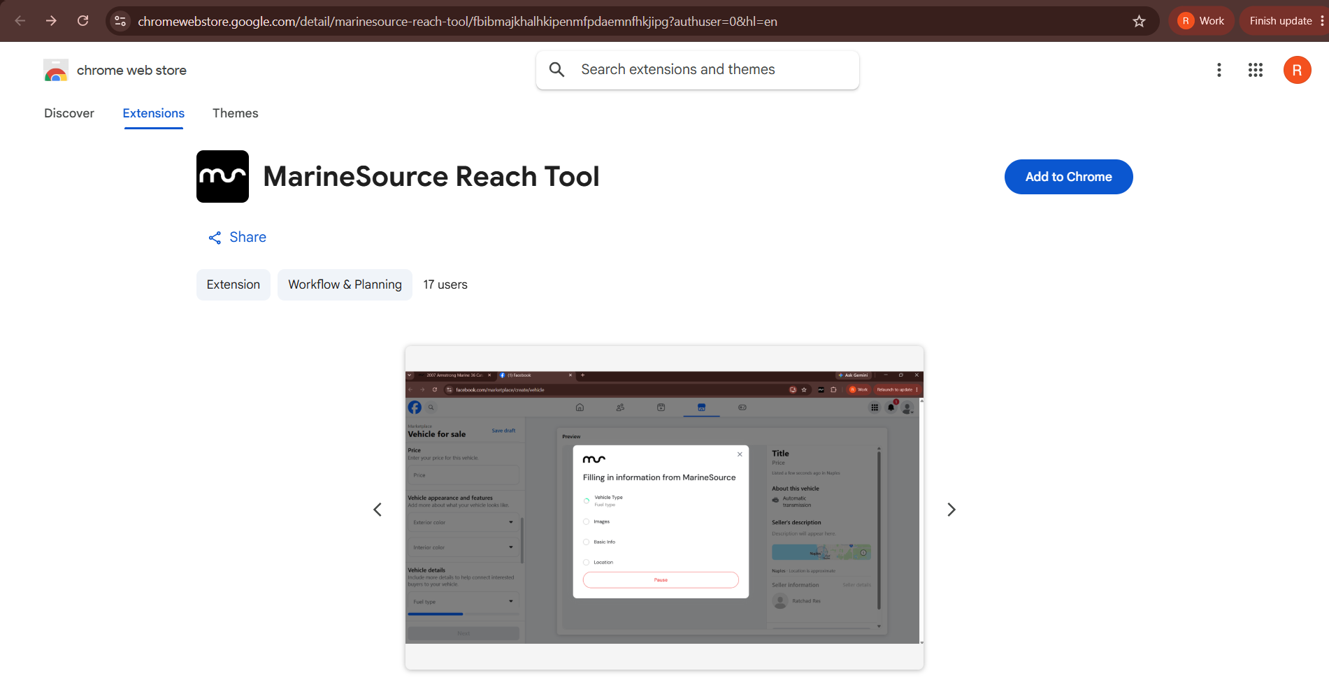 The MarineSource Reach Tool page in the Chrome Web Store, with the Add to Chrome button on the right
